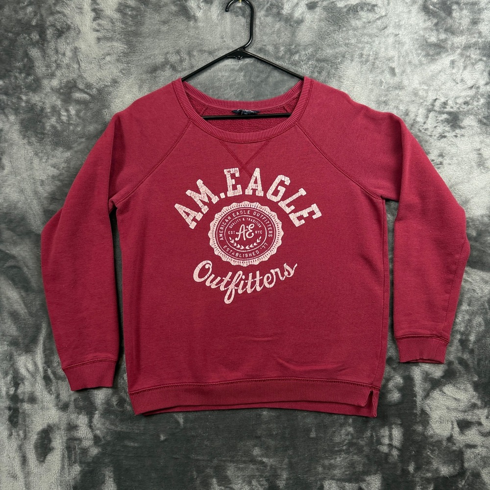 American Eagle Sweatshirt Womens Medium Maroon Graphic Raglan Pullover Fleece